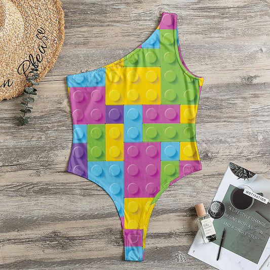 Colorful Building Blocks Pattern Print One Shoulder Bodysuit