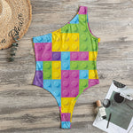 Colorful Building Blocks Pattern Print One Shoulder Bodysuit