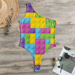 Colorful Building Blocks Pattern Print One Shoulder Bodysuit