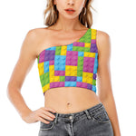 Colorful Building Blocks Pattern Print One Shoulder Crop Top