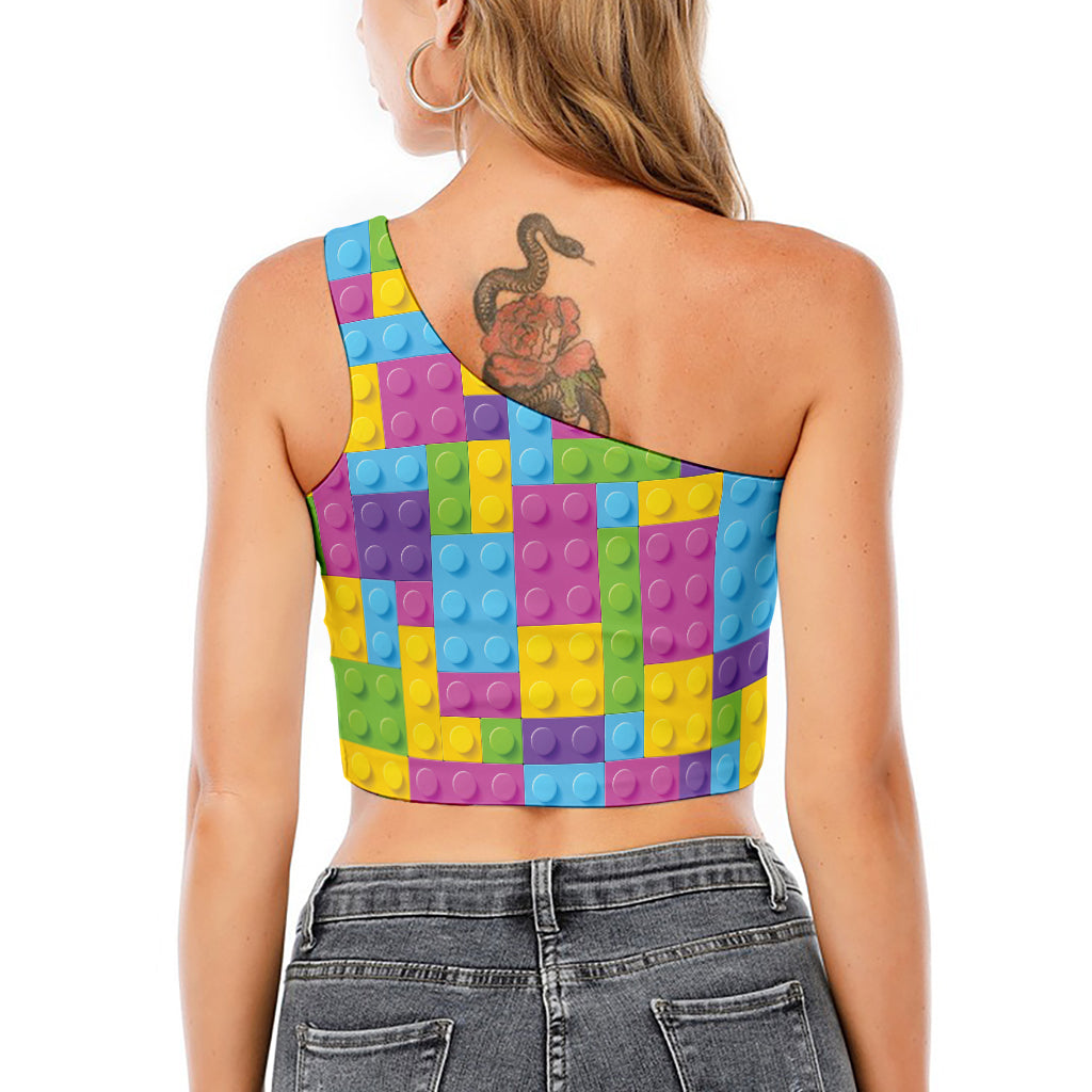 Colorful Building Blocks Pattern Print One Shoulder Crop Top