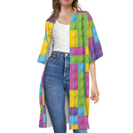 Colorful Building Blocks Pattern Print Open Front Beach Cover Up