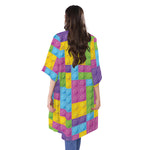 Colorful Building Blocks Pattern Print Open Front Beach Cover Up