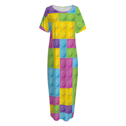 Colorful Building Blocks Pattern Print Short Sleeve Long Nightdress
