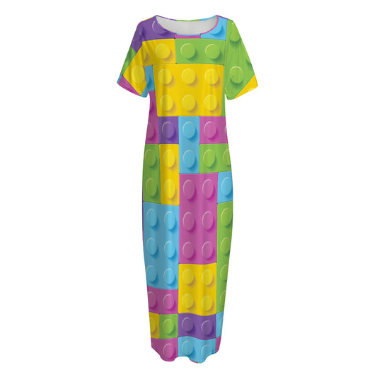 Colorful Building Blocks Pattern Print Short Sleeve Long Nightdress