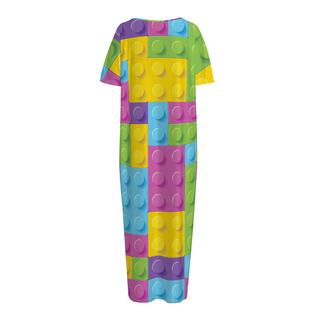 Colorful Building Blocks Pattern Print Short Sleeve Long Nightdress