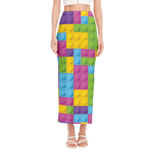Colorful Building Blocks Pattern Print Side Slit Maxi Skirt
