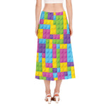 Colorful Building Blocks Pattern Print Side Slit Midi Skirt
