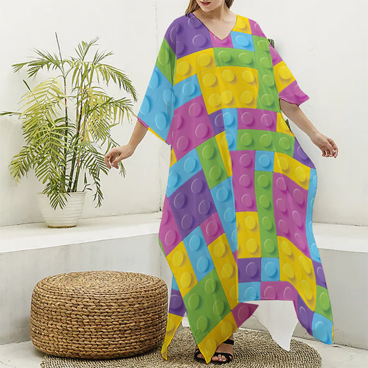 Colorful Building Blocks Pattern Print Silk V-Neck Kaftan Dress