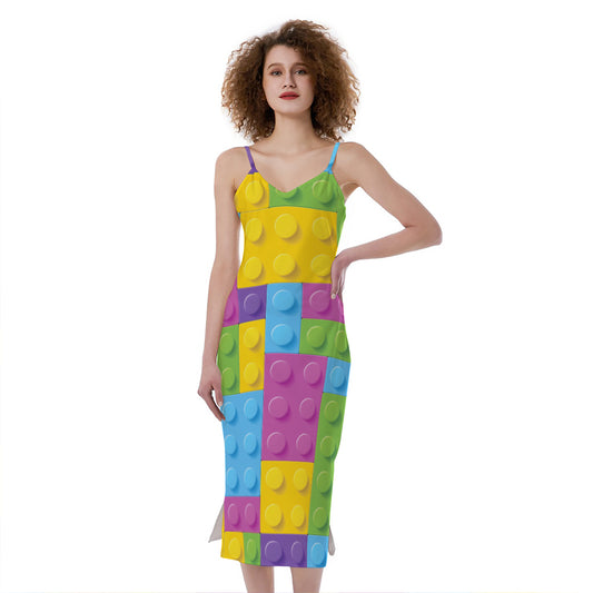 Colorful Building Blocks Pattern Print Slim Fit Midi Cami Dress