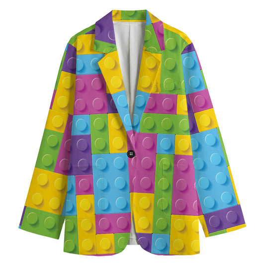Colorful Building Blocks Pattern Print Women's Cotton Blazer