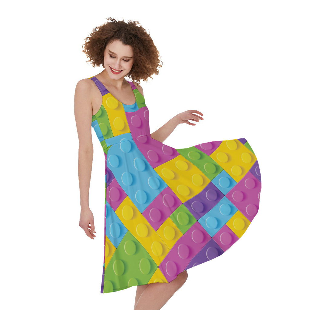 Colorful Building Blocks Pattern Print Women's Sleeveless Dress