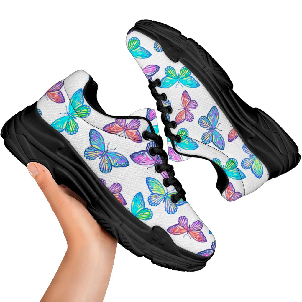 Colorful Butterfly Pattern Print Black Chunky Shoes