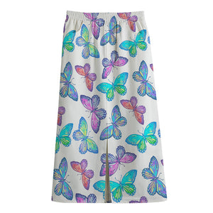 Colorful Butterfly Pattern Print Cotton Front Slit Maxi Skirt