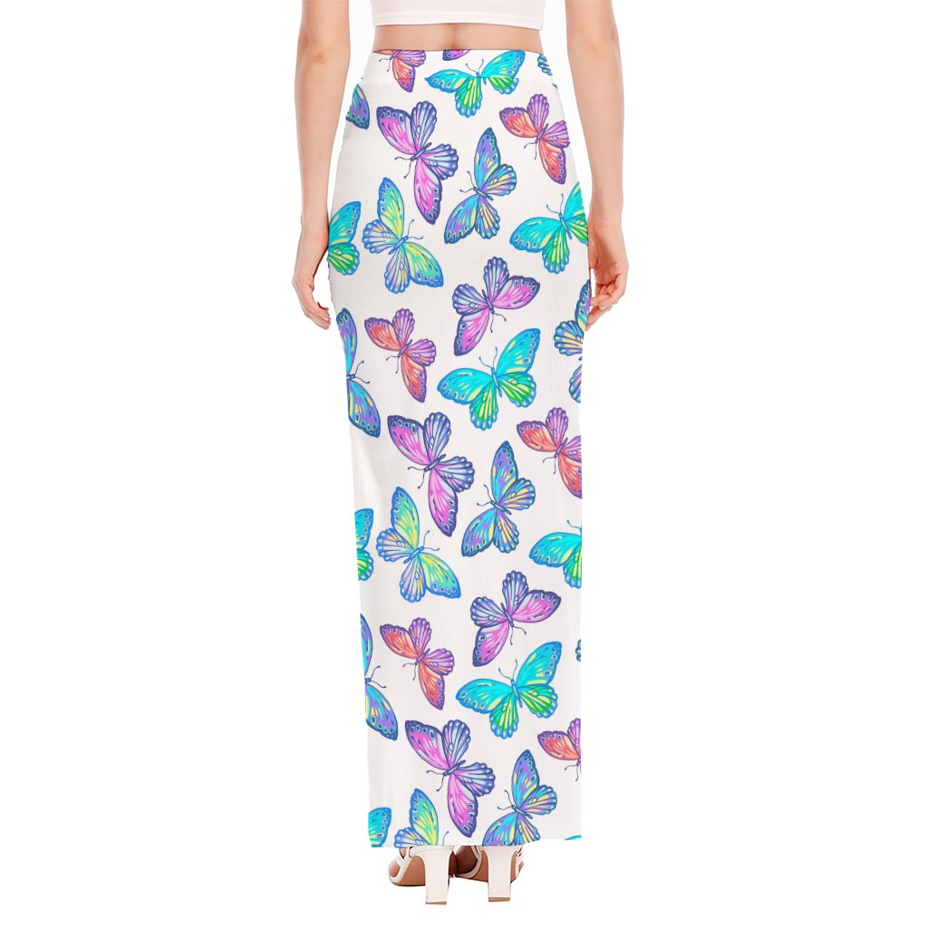 Colorful Butterfly Pattern Print High Slit Maxi Skirt