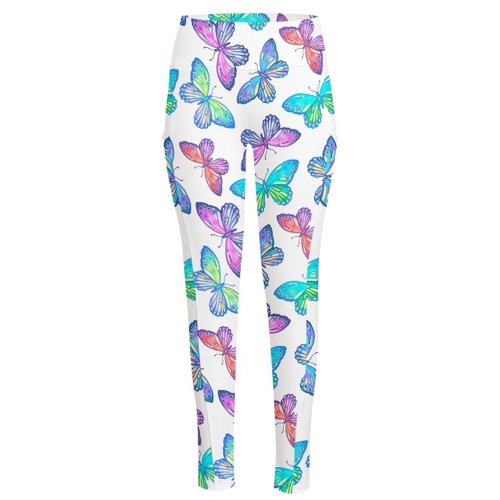 Colorful Butterfly Pattern Print High-Waisted Pocket Leggings