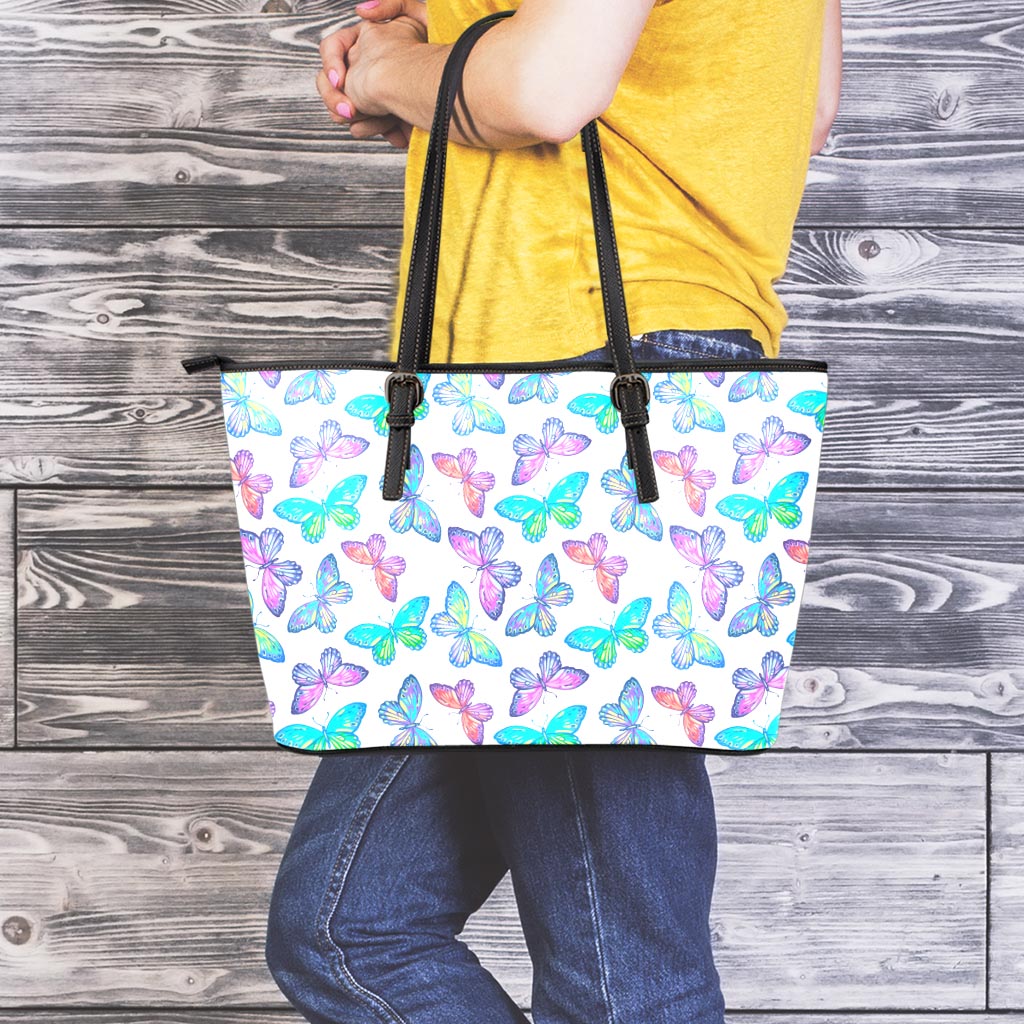 Colorful Butterfly Pattern Print Leather Tote Bag