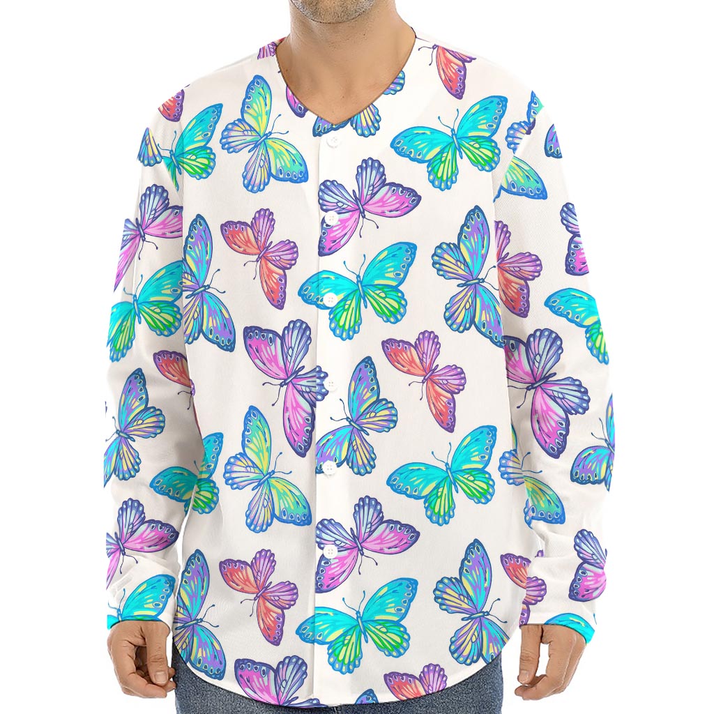 Colorful Butterfly Pattern Print Long Sleeve Baseball Jersey