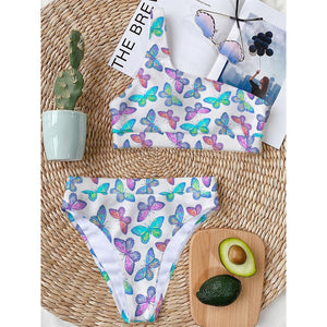 Colorful Butterfly Pattern Print One Shoulder Bikini Top