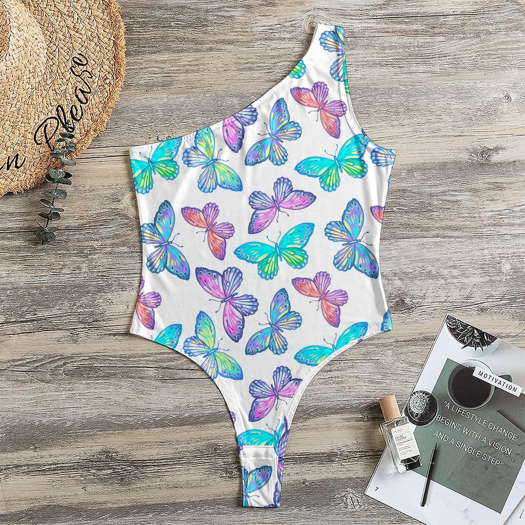 Colorful Butterfly Pattern Print One Shoulder Bodysuit