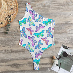 Colorful Butterfly Pattern Print One Shoulder Bodysuit