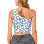 Colorful Butterfly Pattern Print One Shoulder Crop Top