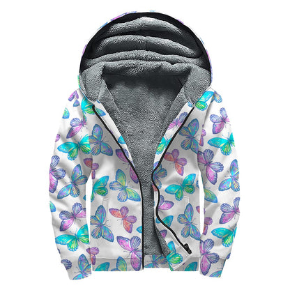 Colorful Butterfly Pattern Print Sherpa Lined Zip Up Hoodie