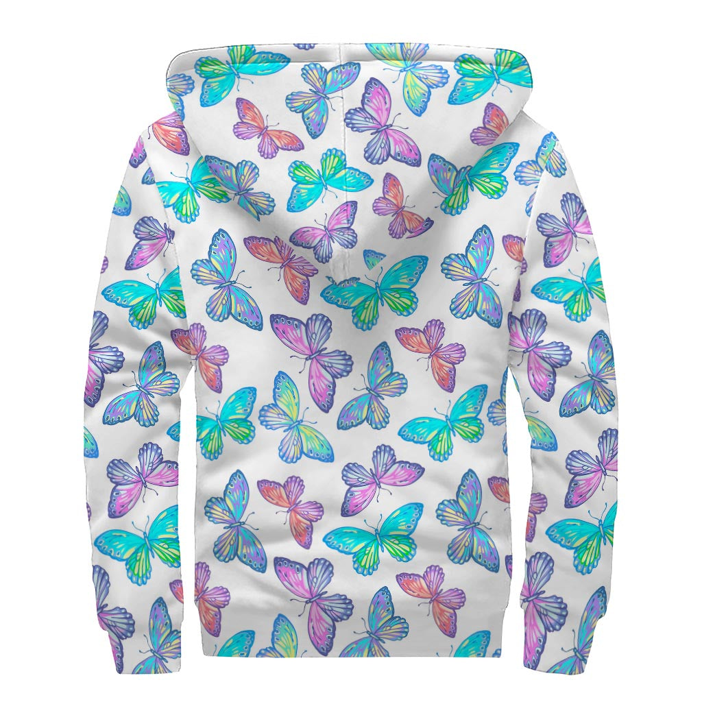 Colorful Butterfly Pattern Print Sherpa Lined Zip Up Hoodie