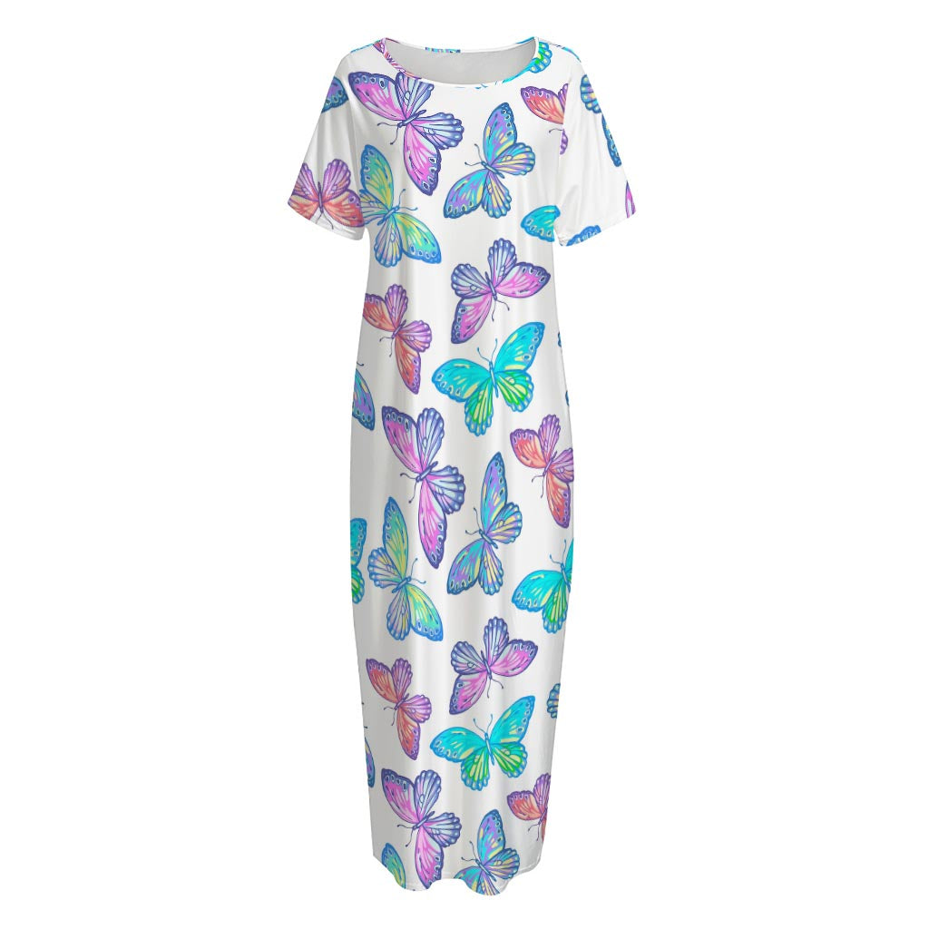 Colorful Butterfly Pattern Print Short Sleeve Long Nightdress