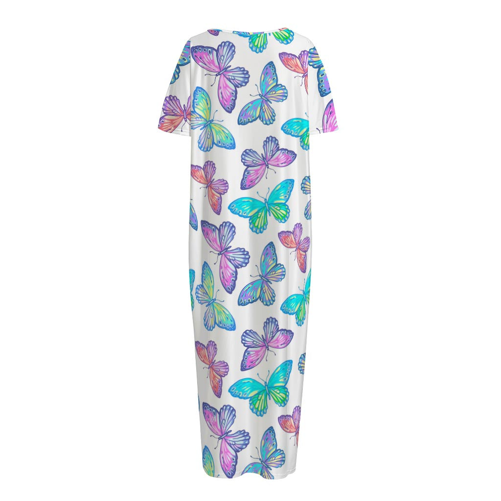 Colorful Butterfly Pattern Print Short Sleeve Long Nightdress