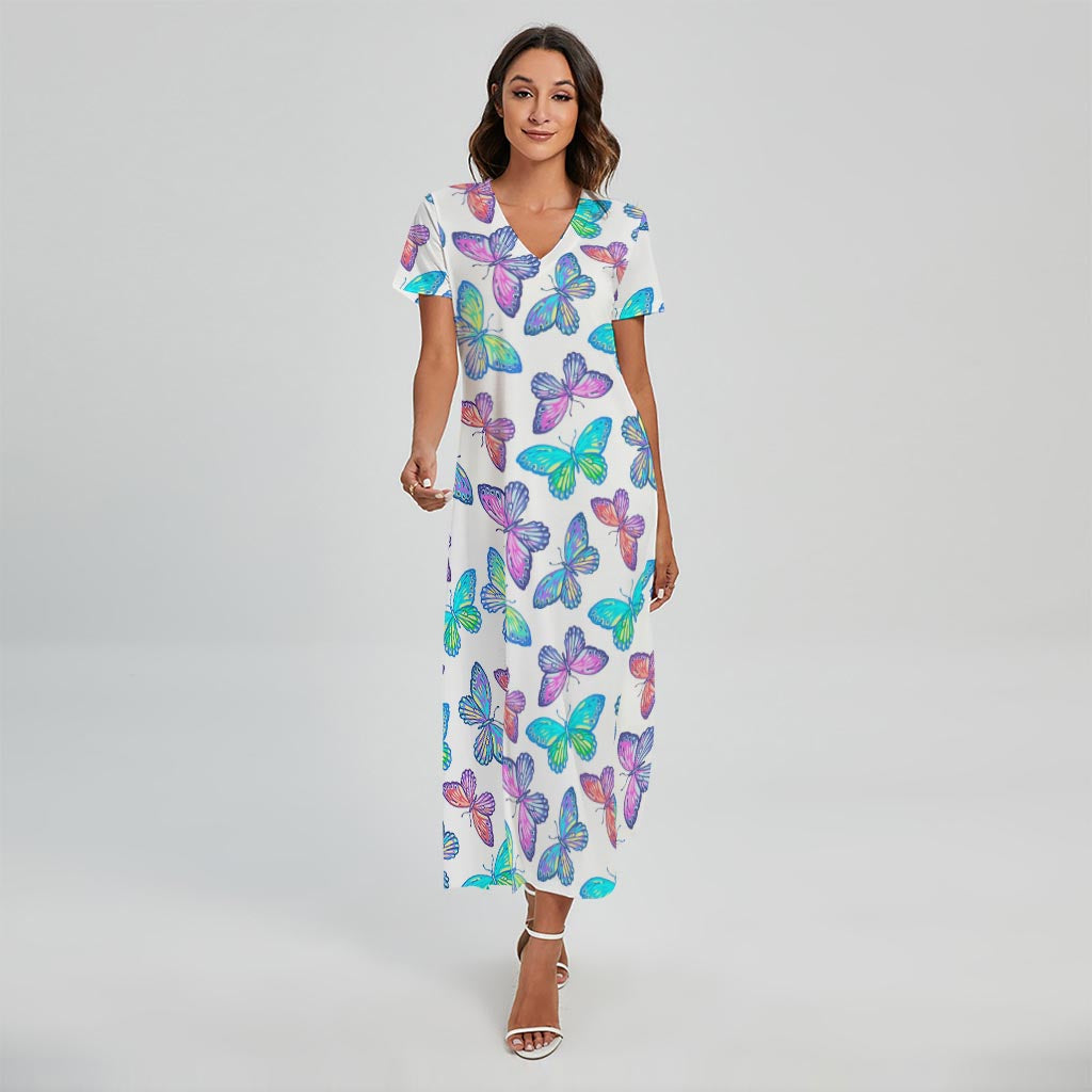 Colorful Butterfly Pattern Print Short Sleeve Maxi Dress