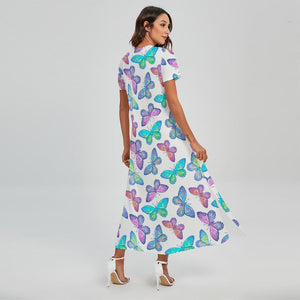 Colorful Butterfly Pattern Print Short Sleeve Maxi Dress