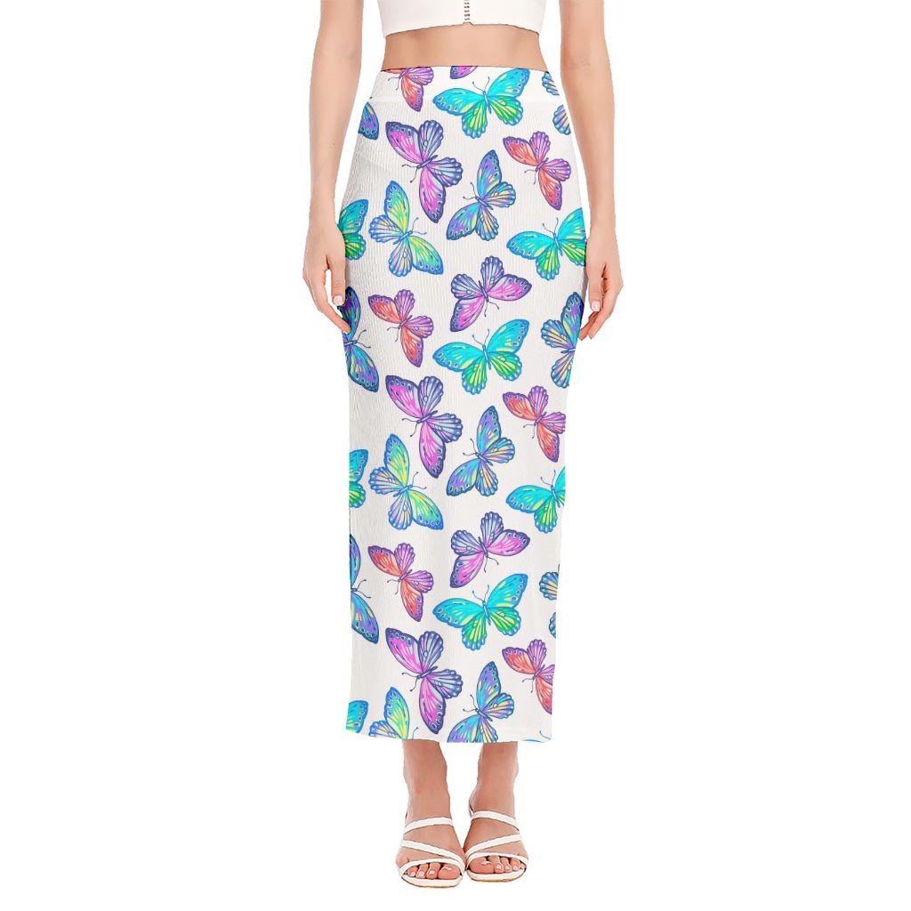 Colorful Butterfly Pattern Print Side Slit Maxi Skirt