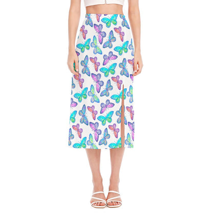 Colorful Butterfly Pattern Print Side Slit Midi Skirt