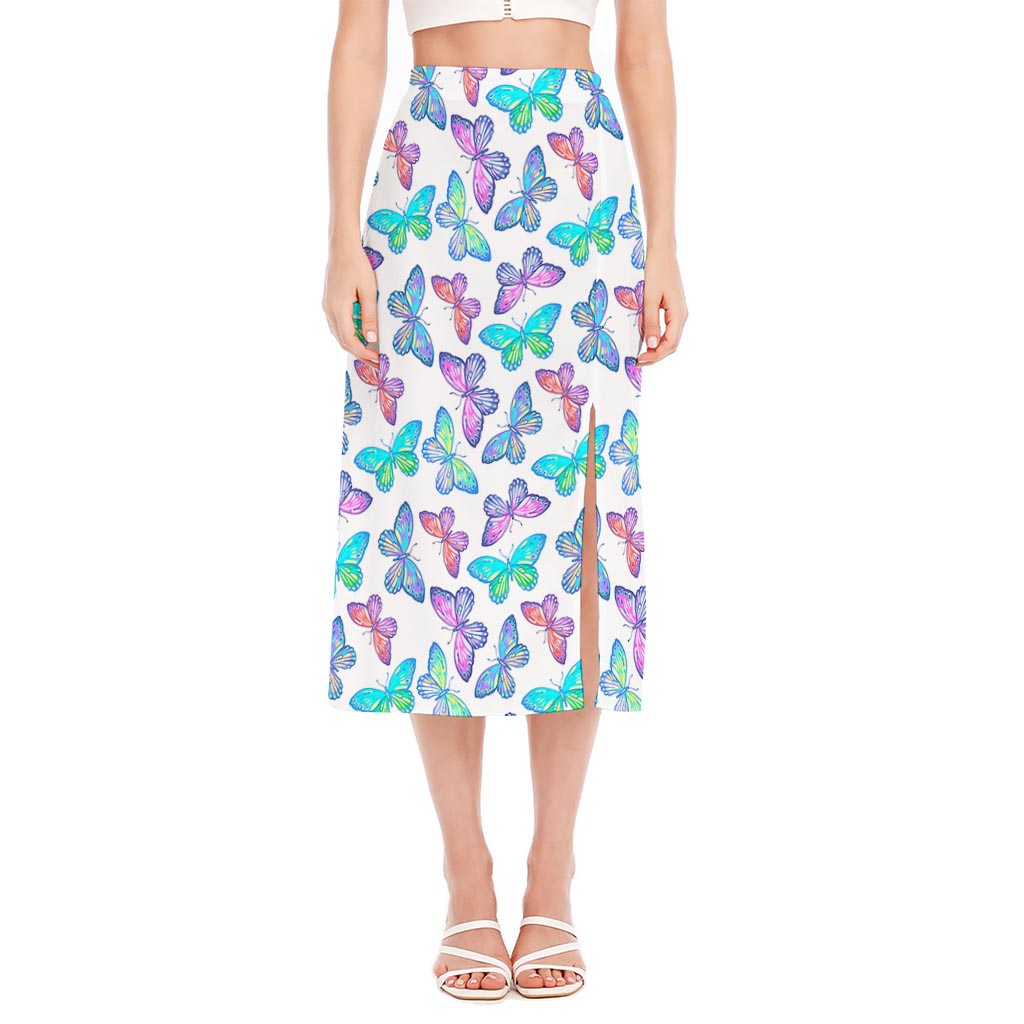 Colorful Butterfly Pattern Print Side Slit Midi Skirt