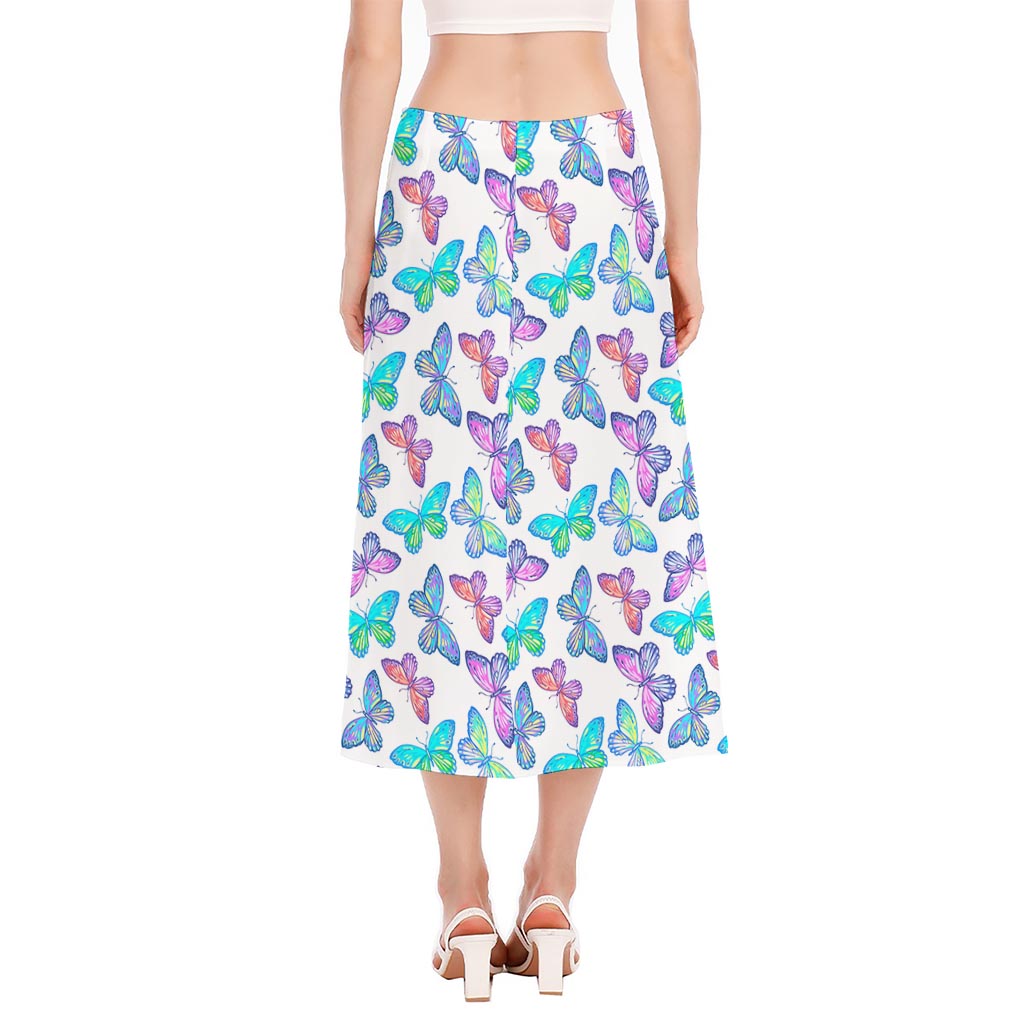 Colorful Butterfly Pattern Print Side Slit Midi Skirt