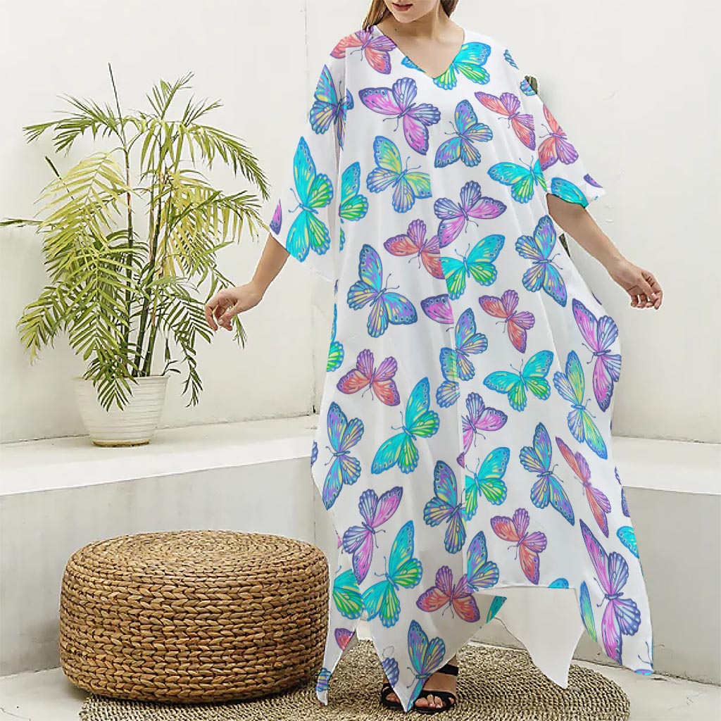 Colorful Butterfly Pattern Print Silk V-Neck Kaftan Dress