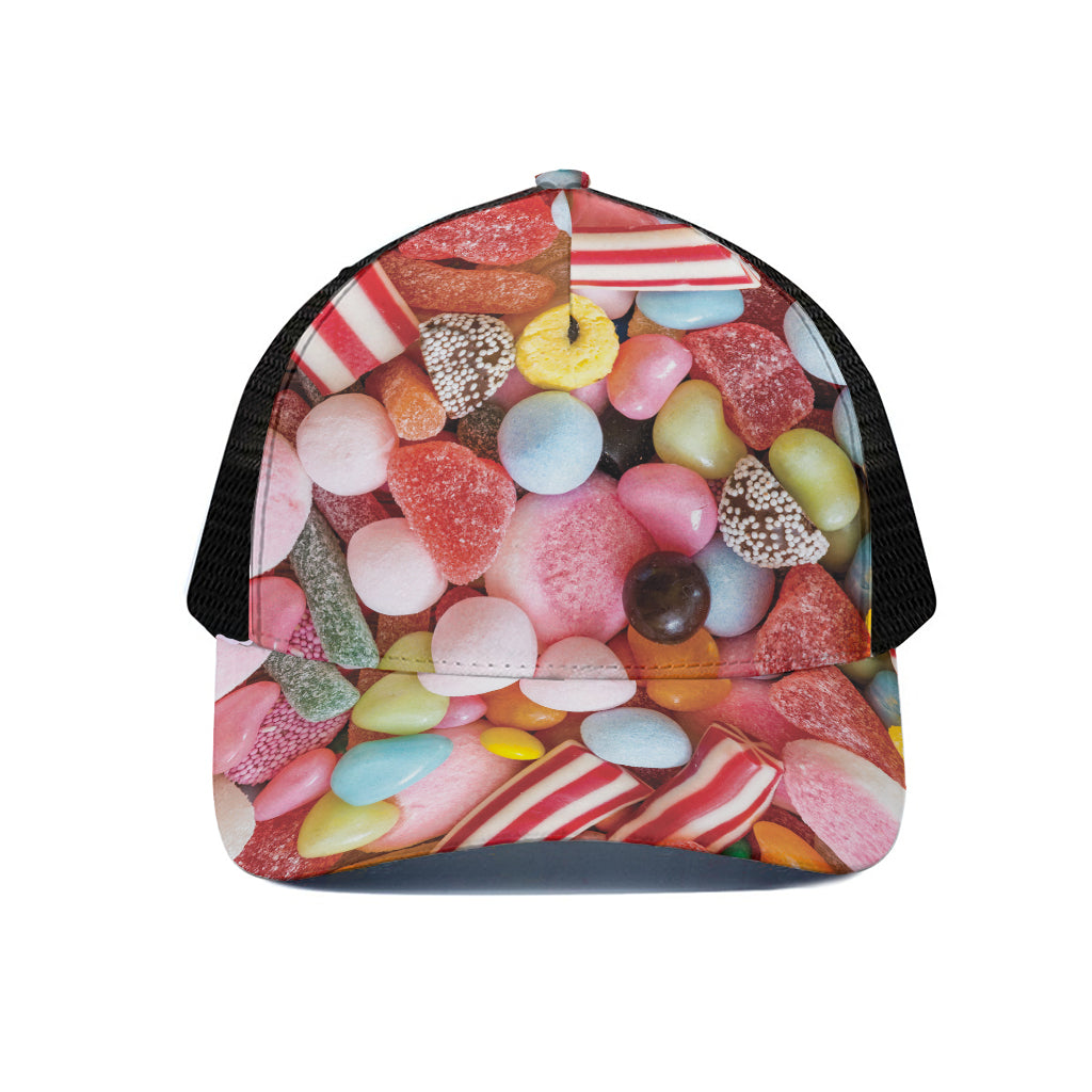 Colorful Candy And Jelly Print Black Mesh Trucker Cap