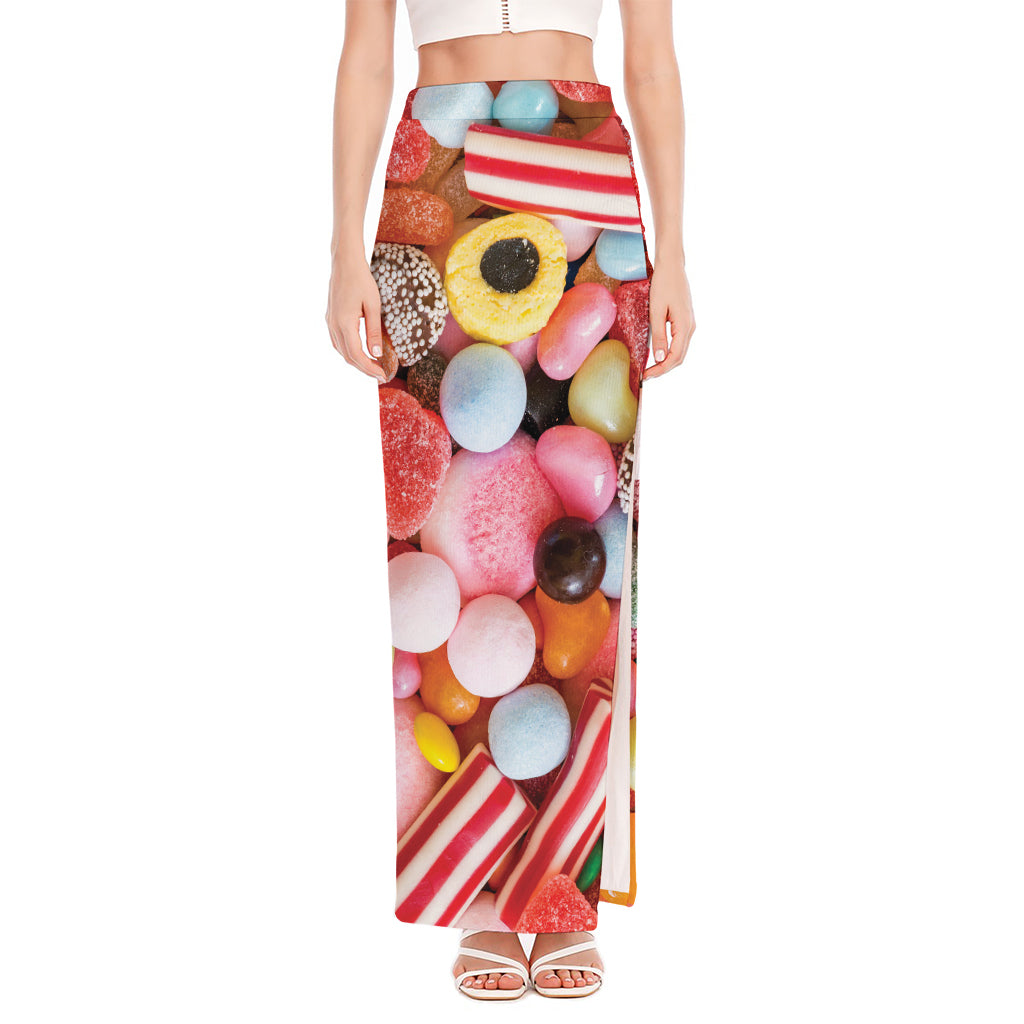 Colorful Candy And Jelly Print High Slit Maxi Skirt