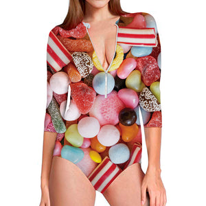 Colorful Candy And Jelly Print Long Sleeve Swimsuit