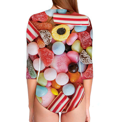 Colorful Candy And Jelly Print Long Sleeve Swimsuit
