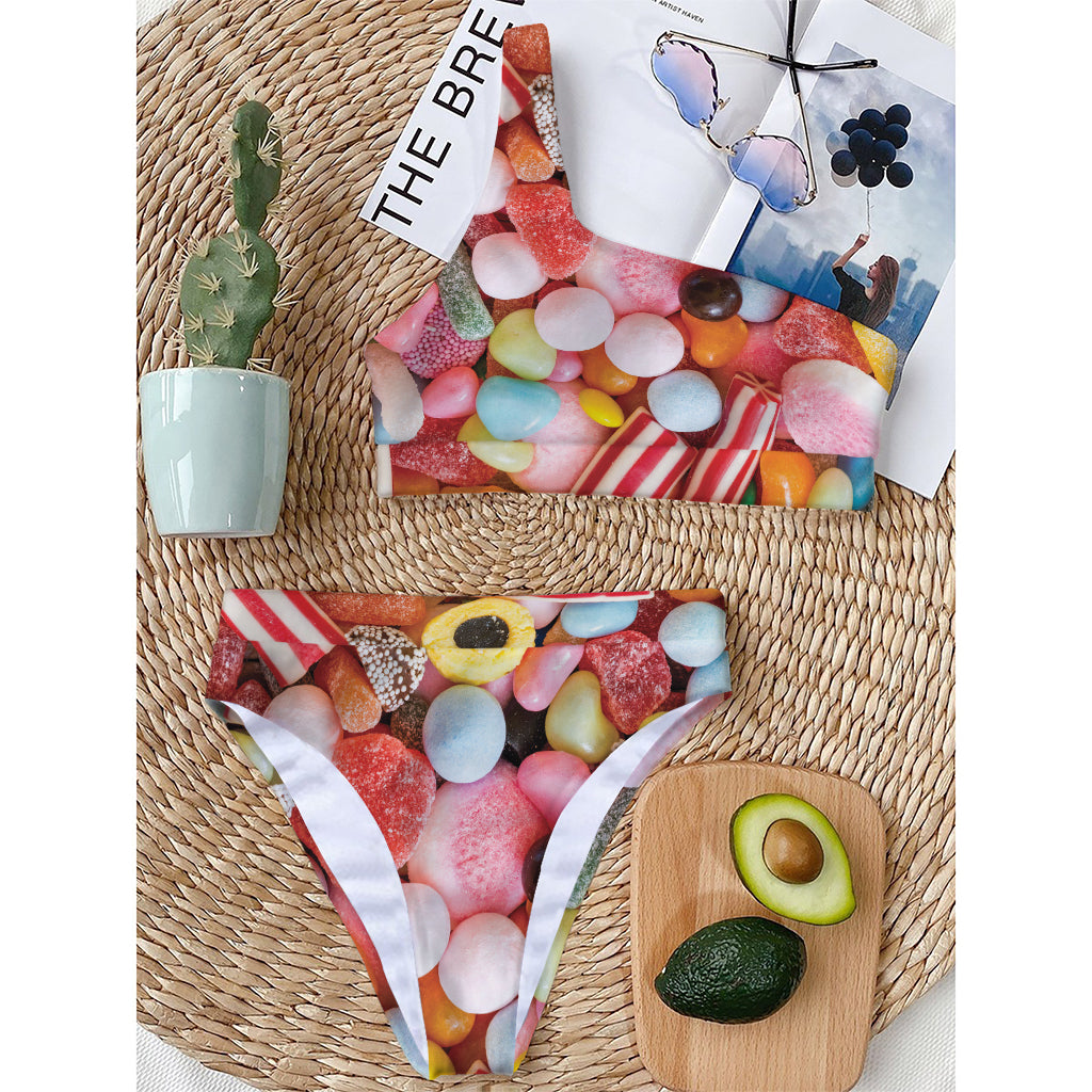 Colorful Candy And Jelly Print One Shoulder Bikini Top