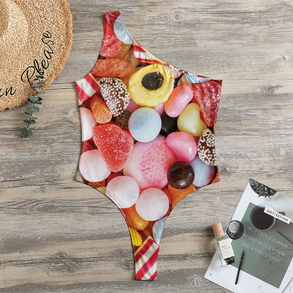 Colorful Candy And Jelly Print One Shoulder Bodysuit