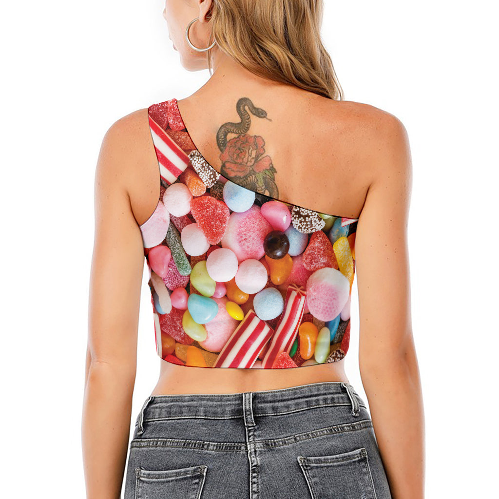 Colorful Candy And Jelly Print One Shoulder Crop Top