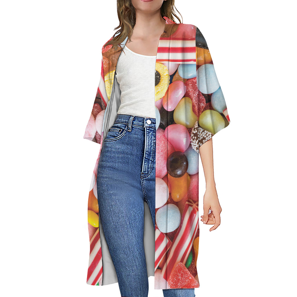 Colorful Candy And Jelly Print Open Front Beach Cover Up