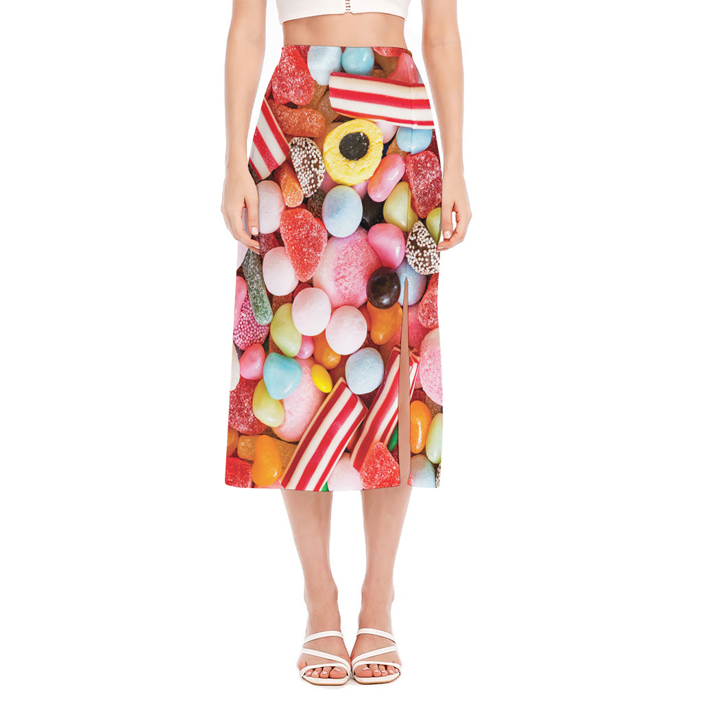 Colorful Candy And Jelly Print Side Slit Midi Skirt