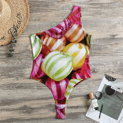 Colorful Candy Ball Print One Shoulder Bodysuit