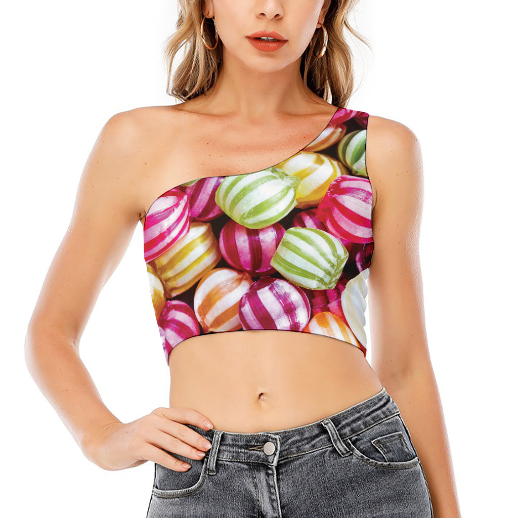 Colorful Candy Ball Print One Shoulder Crop Top