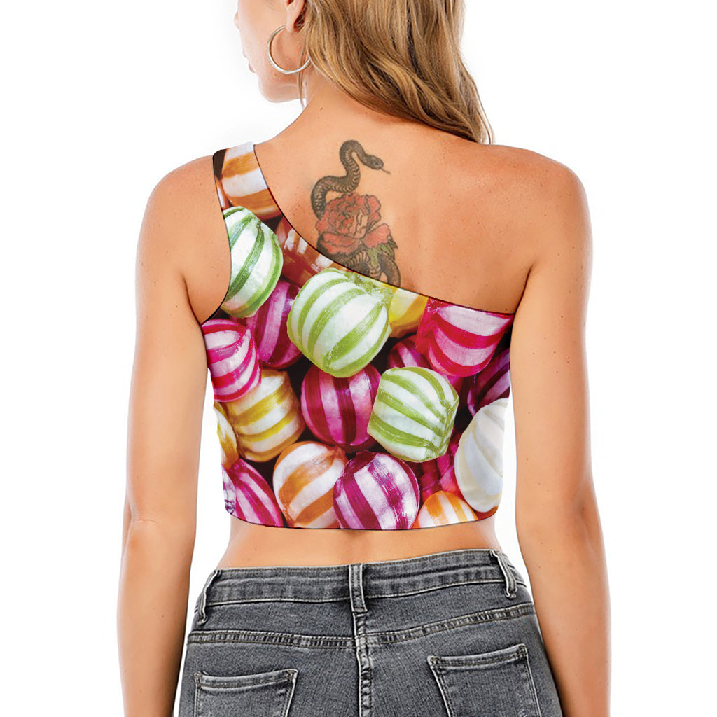 Colorful Candy Ball Print One Shoulder Crop Top