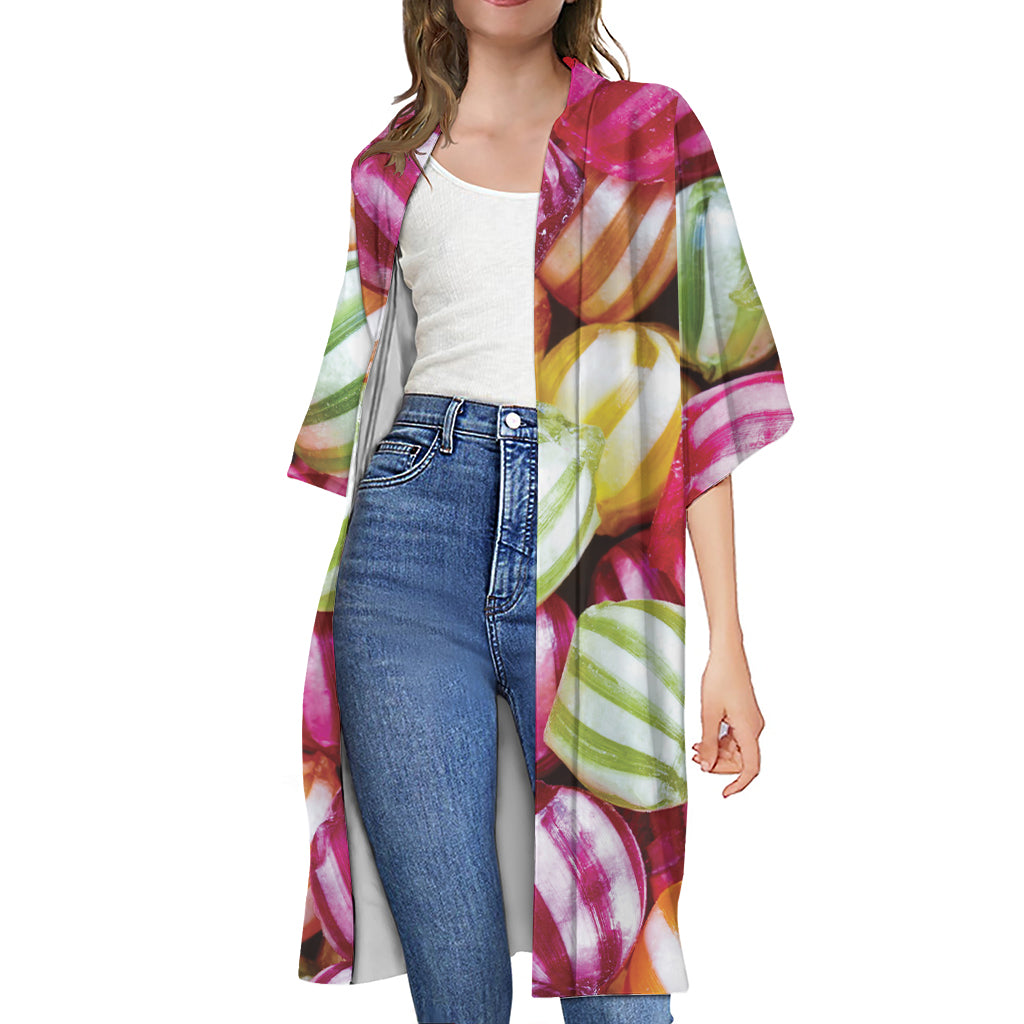 Colorful Candy Ball Print Open Front Beach Cover Up